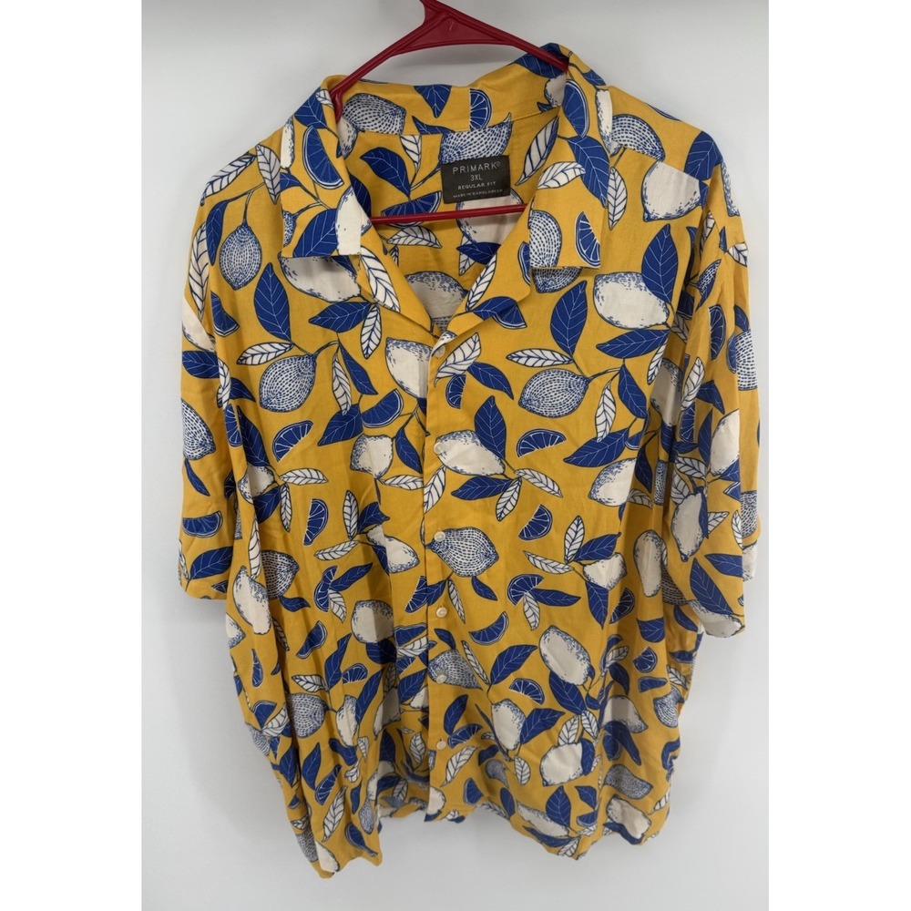 Primark Men's 3XL Yellow Lemon Print Button Up Shirt Short Sleeve Tropical